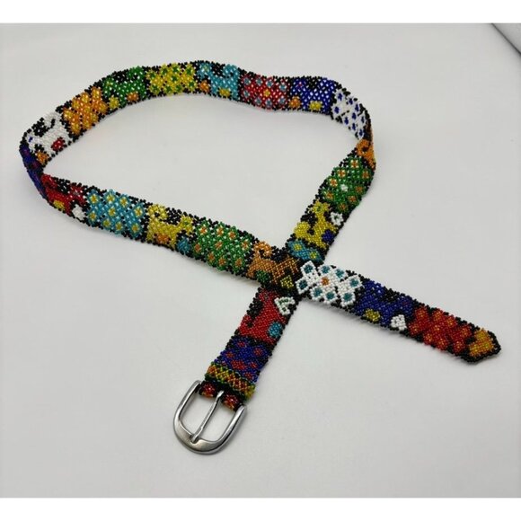 Vintage Artisan-Made Seed Beaded Belt Silver Buckle Red Cobalt Blue White Yellow